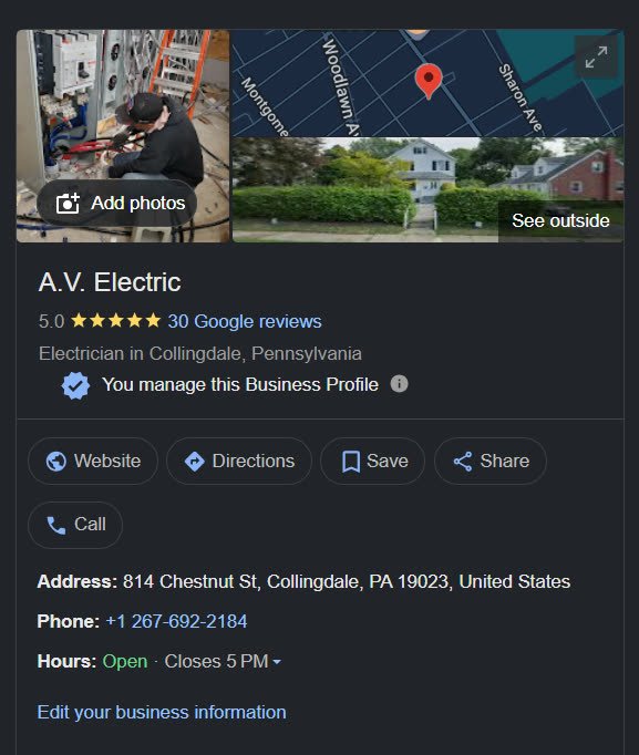 A.V. Electric Google Business Profile card showing 5.0 stars, 30 Google reviews, Collingdale PA