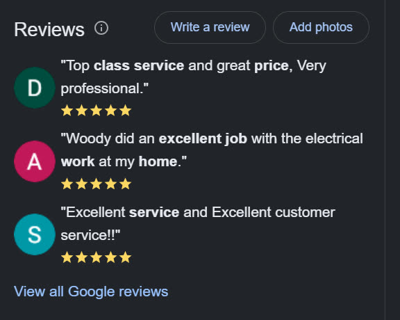 Google reviews for A.V. Electric: Top class service and great price, Woody did an excellent job, Excellent service and excellent customer service