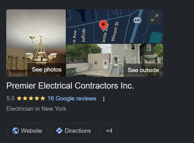 Premier Electrical Contractors Inc. Google Business Profile card showing 5.0 stars, 16 Google reviews, Staten Island NY